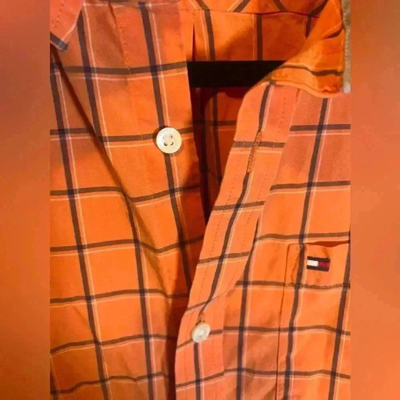 Tommy Hilfiger Orange Plaid Short Sleeve Polo Button Up - Picture 4 of 7